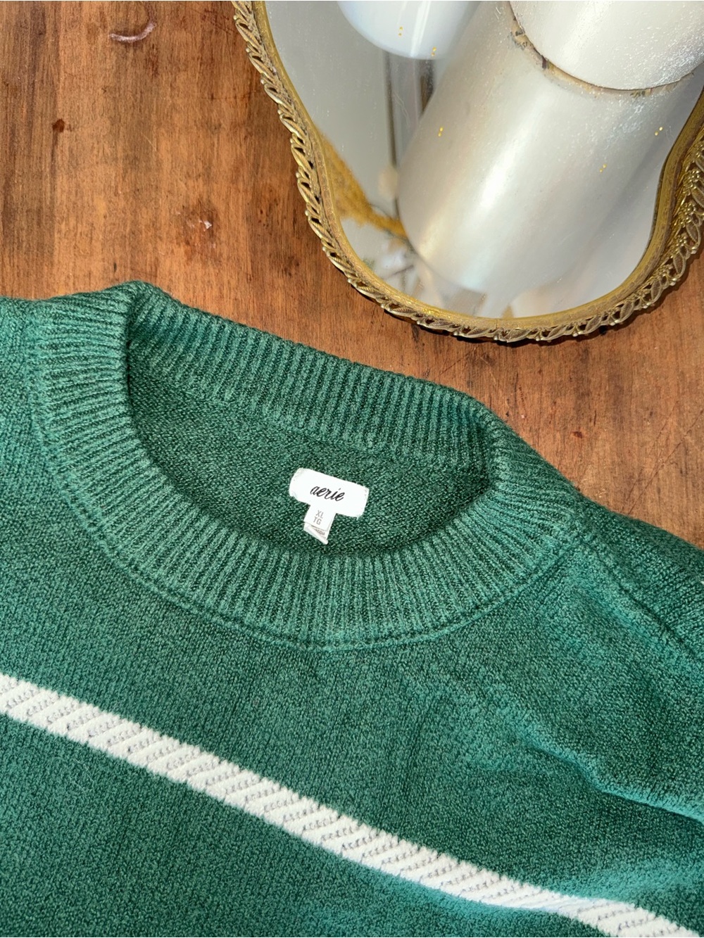 AERIE Forest Green & White Striped Crewneck Sweater (soft) 🌲 - Picture 6 of 6